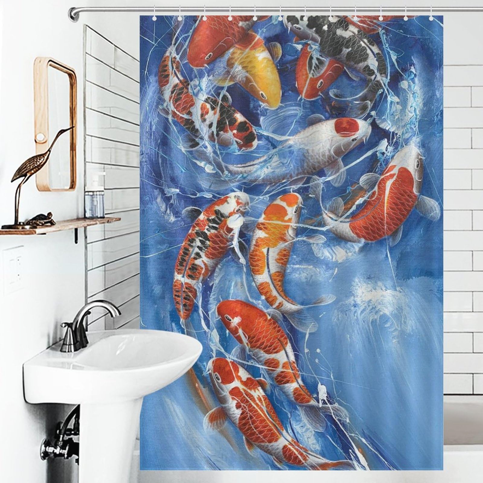 Amazon｜シャワーカーテン 防水 青い池の鯉の絵 バスカーテン 超リアル